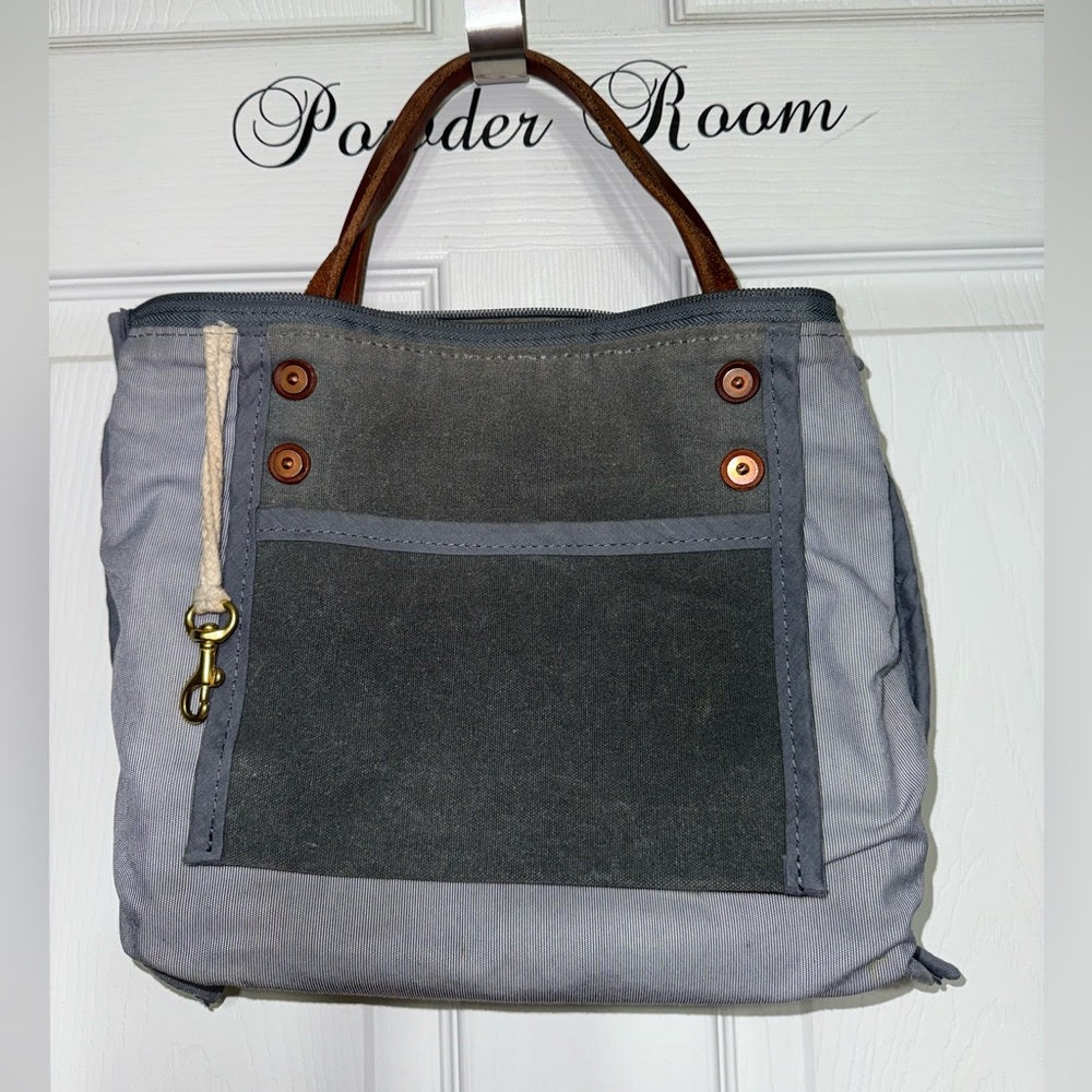 Meanwhile Back on the Farm Slate Blue Waxed Canvas Tote Rustic Casual Bag - Picture 4 of 9